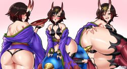 Rule 34 | 1girl, ass, bare shoulders, black hair, breasts, butt crack, cosplay, cup, fangs, fate/grand order, fate (series), gradient hair, grey eyes, headpiece, holding, holding cup, horns, japanese clothes, kimono, looking at viewer, medium breasts, multicolored hair, oni, purple kimono, red hair, revealing clothes, ruby rose, rwby, sakazuki, short hair, shuten douji (fate), shuten douji (fate) (cosplay), skin-covered horns, tabletknight