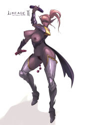 Rule 34 | 1girl, anal beads, armor, blush, bottomless, breasts, cleft of venus, dark elf, dildo, elf, female focus, female knight, female pubic hair, functionally nude, highres, huge breasts, knight, legs, lineage, lineage 2, nipples, no bra, no panties, pointy ears, ponytail, pubic hair, pussy, rennes, sex toy, simple background, solo, topless, uncensored