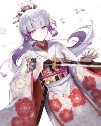Rule 34 | 1girl, absurdres, alternate costume, ayaka (genshin impact), blunt bangs, bug, butterfly, floral print, genshin impact, grey eyes, hair ribbon, highres, holding, holding sword, holding weapon, insect, japanese clothes, kimono, long hair, looking at viewer, mole, mole under eye, obi, petals, pink ribbon, ponytail, ribbon, sash, simple background, solo, sp0i0ppp, sword, tassel, very long hair, weapon, white background, wide sleeves