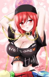 Rule 34 | 1girl, absurdres, arms behind head, arms up, black panties, blush, bra, bra slip, breasts, chain, cleavage, clothes pull, clothes writing, collar, earth (ornament), gold chain, hecatia lapislazuli, highres, hisin, lace, lace-trimmed bra, lace trim, large breasts, light smile, looking at viewer, medium hair, midriff, moon (ornament), navel, panties, parted lips, plaid, plaid skirt, red eyes, red hair, shirt, skirt, smile, solo, t-shirt, touhou, underwear