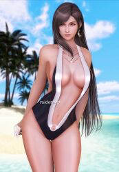 Rule 34 | 1girl, 3d, arm behind back, artist name, bare arms, bare shoulders, beach, black hair, blue sky, breasts, brown hair, center opening, cleavage, closed mouth, cloud, cloudy sky, cowboy shot, crescent, crescent earrings, crescent moon, day, earrings, final fantasy, final fantasy vii, final fantasy vii remake, flower, highres, holding, holding flower, innerboob, jewelry, large breasts, lips, long hair, looking to the side, midriff, moon, navel, necklace, ocean, one-piece swimsuit, outdoors, palm tree, pearl necklace, raidenwgt, red eyes, sand, single earring, single sidelock, sky, solo, square enix, swept bangs, swimsuit, thighs, tifa lockhart, tree