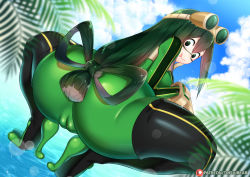 Rule 34 | 10s, 1girl, :p, ass, asui tsuyu, blush, bodysuit, boku no hero academia, bow-shaped hair, cameltoe, cleft of venus, cloud, from behind, gloves, goggles, goggles on head, green eyes, green hair, hair rings, huge ass, looking at viewer, looking back, skin tight, sky, solo, squatting, tofuubear, tongue, tongue out, water, wide hips