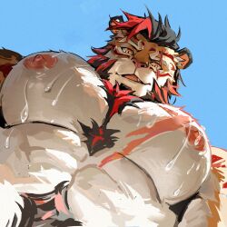 Rule 34 | 1boy, ale55, animal ears, bara, beard, chest tuft, facial hair, fang, fang out, foreshortening, from below, furry, furry male, highres, huge pectorals, looking at viewer, looking down, male focus, mature male, meme, multicolored hair, muscular, muscular male, nipple slip, nipples, nude, original, pectoral cleavage, pectoral focus, pectorals, photo-referenced, seductive smile, short hair, sidepec, smile, solo, streaked hair, sweat, tank top, thick beard, thick eyebrows, thick navel hair, tiger boy, tiger ears, tone beard, tsurime, two-, two-tone body hair, upper body, very sweaty, yur oc like this (meme)