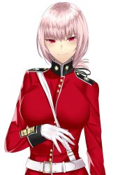 Rule 34 | 1girl, belt, black ribbon, breasts, closed mouth, fate/grand order, fate (series), florence nightingale (fate), folded ponytail, gloves, hair ribbon, highres, large breasts, long sleeves, looking at viewer, military, military uniform, onineko-chan, pink hair, red eyes, ribbon, smile, solo, tsurime, uniform, upper body, white gloves