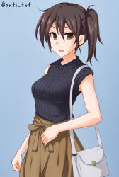 Rule 34 | 1girl, alternate costume, anti (untea9), bag, black hair, black sweater, blue background, brown eyes, brown skirt, casual, commentary request, cowboy shot, gradient background, highres, kaga (kancolle), kantai collection, long hair, looking at viewer, open mouth, ribbed sweater, shoulder bag, side ponytail, skirt, sleeveless, sleeveless sweater, solo, sweater, twitter username