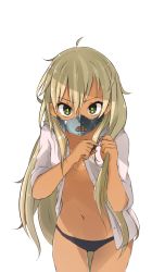 Rule 34 | 1girl, blonde hair, breasts, cutting hair, dress shirt, green eyes, groin, highres, lena forst, long hair, mask, missing stars, myuto, myuto (advent retribution), open clothes, open shirt, scissors, shirt, simple background, small breasts, solo, thigh gap, underwear