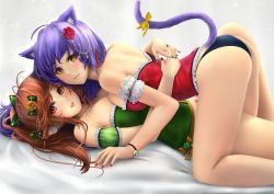 Rule 34 | 2girls, all fours, anakin sky (utcc), animal ear fluff, animal ears, arm garter, ass, asymmetrical docking, back, bare legs, bare shoulders, bed, bell, black panties, blouse, blush, bracelet, breast press, breasts, brown hair, cat ears, cat girl, cat tail, christmas, closed mouth, commentary, couple, detached sleeves, english commentary, feet out of frame, female focus, fingernails, frilled shirt, frilled tubetop, frills, girl on top, green shirt, green tube top, highres, hug, jewelry, jingle bell, knee up, large breasts, legs, lips, long hair, looking at viewer, looking to the side, lying, medium breasts, multiple girls, nail polish, neck, no pants, on back, on bed, open mouth, original, panties, purple hair, red eyes, red nails, red shirt, red tube top, round teeth, shirt, slit pupils, smile, sparkle, strapless, tail, tail raised, teeth, tube top, underwear, upper teeth only, yellow eyes, yuri