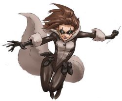 Rule 34 | brown hair, long hair, simple background, skin tight, squirrel tail, tail, weapon
