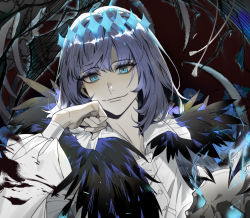 Rule 34 | 1boy, alternate hair color, arthropod boy, black hair, blue eyes, chinese commentary, cloak, closed eyes, collared shirt, commentary request, crown, diamond hairband, fate/grand order, fate (series), fur-trimmed cloak, fur collar, fur trim, holding, holding skull, insect wings, long sleeves, looking at viewer, male focus, medium hair, oberon (fate), oberon (third ascension) (fate), official alternate costume, requiemzz, shirt, skull, smile, solo, spoilers, tassel, upper body, white shirt, wings