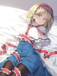 Rule 34 | 1girl, alice margatroid, arms behind back, bed sheet, black pantyhose, blonde hair, blue dress, blue eyes, bound, bound arms, breasts, capelet, closed mouth, commentary request, dress, frown, hairband, highres, looking at viewer, lying, medium breasts, medium hair, on back, pantyhose, partial commentary, red hairband, red ribbon, ribbon, ribbon bondage, satou kibi, solo, sweat, touhou, white capelet