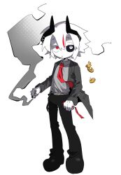 Rule 34 | 1boy, akarl, belt, cigarette, coat, coin, full body, gloves, gold coin, hair between eyes, heterochromia, highres, holding, holding cigarette, holding ribbon, horns, humanization, kokum0tsu, looking to the side, male focus, monster boy, multicolored hair, original, parted lips, red eyes, red hair, red highlight, ribbon, short hair, smoke, solo, solo focus, white background, white eyes, white hair, wide-eyed