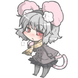 Rule 34 | 1girl, animal ears, blush, coat, earmuffs, grey hair, kureha mitsushige, mouse ears, mouse tail, nazrin, pantyhose, red eyes, short hair, skirt, solo, tail, touhou, winter clothes