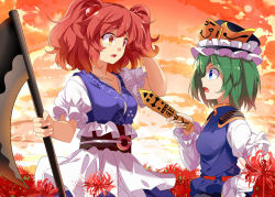 Rule 34 | 2girls, asymmetrical hair, blue eyes, blue shirt, breasts, cloud, cloudy sky, collarbone, cowboy shot, e.o., field, flower, flower field, from side, green hair, hair bobbles, hair ornament, hat, holding, holding weapon, japanese clothes, juliet sleeves, long sleeves, looking at another, medium breasts, multiple girls, obi, onozuka komachi, orange eyes, puffy short sleeves, puffy sleeves, red hair, rod of remorse, sash, scythe, shiki eiki, shirt, short sleeves, sky, spider lily, touhou, twintails, two side up, weapon