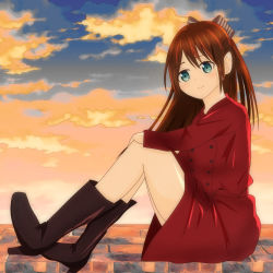 Rule 34 | 1girl, aqua eyes, artist name, artist request, audrey (love live!), bare legs, belt, black bow, black footwear, blue eyes, blush, boots, bow, bow hairband, breasts, brown hair, buttons, cloud, coat, collared coat, dress, female focus, full body, hair between eyes, hair bow, hairband, half updo, hands on own knees, high ponytail, highres, knees up, long hair, long sleeves, looking at viewer, love live!, love live! nijigasaki high school idol club, love live! school idol festival, miniskirt, osaka shizuku, outdoors, parted lips, plaid, plaid skirt, pleated, pleated skirt, ponytail, red belt, red bow, red coat, red dress, red ribbon, red skirt, ribbon, sidelocks, sitting, skirt, sky, small breasts, smile, solo, striped, striped bow, sunset, trench coat, white bow, wing collar