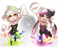 Rule 34 | 2girls, ;d, arm up, bare shoulders, black dress, black footwear, black hair, blush, boots, bow-shaped hair, breasts, callie (splatoon), clenched hands, commentary request, cross-shaped pupils, detached collar, dress, earrings, fangs, gloves, gradient hair, green pantyhose, grey hair, hair ornament, hand up, highres, inkling, jewelry, leg up, long hair, looking at viewer, marie (splatoon), medium breasts, medium hair, mole, mole under eye, mr. grizz (splatoon), multicolored hair, multiple girls, nintendo, one eye closed, onikuman, open mouth, orange eyes, paint, paint splatter, pantyhose, parted bangs, pink hair, pink pantyhose, pointy ears, short dress, short eyebrows, simple background, smile, splatoon (series), splatoon 3, strapless, strapless dress, swept bangs, symbol-shaped pupils, teeth, tentacle hair, thick eyebrows, tongue, twintails, v-shaped eyebrows, very long hair, white background, white gloves, wing collar