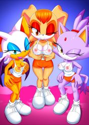 Rule 34 | 3girls, animal ears, bat wings, blaze the cat, breasts, cat ears, closed eye, furry, grabbing own breast, highres, mobius unleashed, multiple girls, palcomix, rabbit ears, rouge the bat, sega, shoes, sonic (series), tail, vanilla the rabbit, wet, wet clothes, wings
