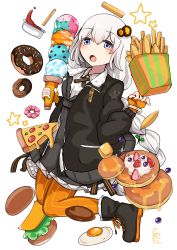 Rule 34 | 1girl, :o, absurdres, blue eyes, blueberry, blush, boots, braid, burger, butter, commentary request, cream, doughnut, egg (food), fingerless gloves, food, french fries, fruit, gloves, hair ornament, highres, honey, ice cream cone, kannagoto, ketchup, kizuna akari, knees together feet apart, long hair, macaron, orange gloves, orange pantyhose, pancake, pantyhose, pizza, signature, silver hair, simple background, single braid, sparkle, star (symbol), strawberry, striped clothes, striped gloves, striped legwear, striped pantyhose, sunny side up egg, vertical-striped clothes, vertical-striped gloves, vertical-striped pantyhose, very long hair, voiceroid, white background