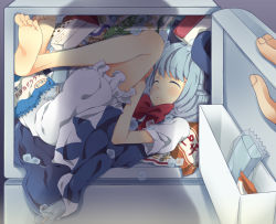Rule 34 | 1girl, bad id, bad pixiv id, barefoot, blouse, blue hair, box, cirno, embodiment of scarlet devil, closed eyes, feet, in box, in container, in refrigerator, maki (natoriumu), mundane utility, refrigerator, shirt, short hair, sleeping, soles, solo, toes, touhou, white shirt