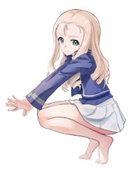 Rule 34 | 1girl, absurdres, bare legs, barefoot, bc freedom military uniform, blonde hair, blue jacket, closed mouth, commentary request, drill hair, feet, full body, girls und panzer, green eyes, high collar, highres, jacket, lazurite (user 8870367), legs, long hair, long sleeves, looking at viewer, marie (girls und panzer), no shoes, pleated skirt, simple background, skirt, smile, solo, squatting, stretching, tiptoes, toes, uniform, white background, white skirt