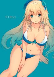 Rule 34 | 10s, 1girl, arm support, atago (kancolle), beret, between legs, bikini, blonde hair, blue background, blue flower, blue rose, breasts, character name, cleavage, collarbone, flower, hair flower, hair ornament, hand between legs, hat, kantai collection, large breasts, long hair, looking at viewer, navel, rose, shiny skin, smile, solo, strap gap, swimsuit, very long hair, yashiro seika