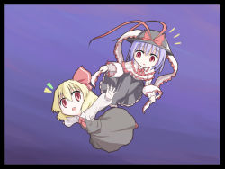 Rule 34 | 2girls, :o, aratami isse, blonde hair, blouse, blue hair, flying, frilled ribbon, frilled skirt, frills, hair ribbon, multiple girls, nagae iku, outstretched arms, red eyes, ribbon, rumia, shirt, short hair, skirt, spread arms, touhou, vest