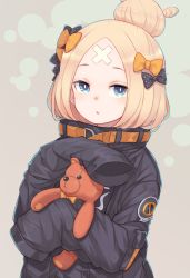 Rule 34 | 1girl, abigail williams (fate), abigail williams (traveling outfit) (fate), alternate hairstyle, bandaid, bandaid on face, bandaid on forehead, belt, black bow, black jacket, blonde hair, blue eyes, blush, bow, commentary, dotted background, fate/grand order, fate (series), forehead, grey background, hair bow, hair bun, high collar, highres, holding, holding stuffed toy, jacket, long hair, looking at viewer, official alternate costume, orange bow, parted bangs, parted lips, polka dot, polka dot bow, single hair bun, sleeves past fingers, sleeves past wrists, solo, somnium, stuffed animal, stuffed toy, teddy bear