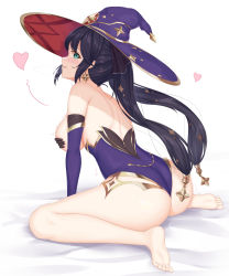 Rule 34 | 1girl, ass, bare legs, bare shoulders, barefoot, black gloves, black hair, blush, breasts, detached sleeves, earrings, from side, genshin impact, gloves, green eyes, hair ornament, hand on breast, hat, hat ornament, heart, highres, jewelry, kneeling, large breasts, large hat, leotard, long hair, long sleeves, looking at viewer, looking to the side, mona (genshin impact), parted lips, purple hat, purple leotard, shaggy susu, sideboob, smile, solo, star (symbol), star earrings, strapless, strapless leotard, white background, witch hat