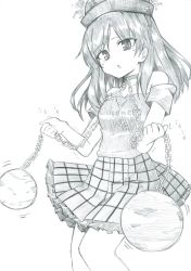Rule 34 | 1girl, bare arms, bare legs, breasts, chain, choker, clothes writing, cowboy shot, earth (ornament), frilled skirt, frills, greyscale, hat, hecatia lapislazuli, highres, long hair, mahiro (akino-suisen), miniskirt, monochrome, moon (ornament), off-shoulder shirt, off shoulder, open mouth, patterned clothing, plaid, plaid skirt, shirt, short sleeves, skirt, solo, t-shirt, tearing up, touhou, traditional media