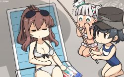 Rule 34 | 3girls, arare (kancolle), bikini, bikini skirt, black hair, blue one-piece swimsuit, book, brown eyes, brown hair, chair, closed eyes, clothes writing, commentary request, dated, expressionless, eyewear on head, fishing rod, frilled bikini, frills, green eyes, grey bikini, hair between eyes, hair ornament, hamu koutarou, hat, highres, kantai collection, long hair, lounge chair, maestrale (kancolle), multiple girls, name tag, one-hour drawing challenge, one-piece swimsuit, one side up, ponytail, saratoga (kancolle), school swimsuit, short hair, side ponytail, sidelocks, silver hair, sleeping, smokestack, sunglasses, swimsuit, tan, white bikini