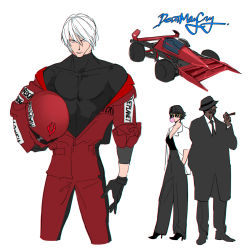 Rule 34 | 1girl, 2boys, adapted costume, black footwear, black gloves, black legwear, black neckwear, blue eyes, breasts, blowing bubbles, car, chewing gum, cigar, cleavage, collarbone, copyright name, dante (devil may cry), dark-skinned male, dark skin, devil may cry (series), english text, facial hair, folded fan, folding fan, formal, gloves, hair between eyes, hand fan, hands in pockets, unworn headwear, helmet, unworn helmet, high heels, holding, holding cigar, holding helmet, j.d. morrison, lady (devil may cry), male focus, mlxgdog, motor vehicle, multiple boys, muscular, necktie, race vehicle, racecar, racing suit, simple background, skin tight, sleeves rolled up, suit, sunglasses, tight clothes, turtleneck, white background