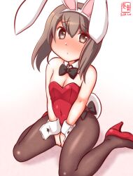 Rule 34 | 1girl, animal ears, blush, bow, bowtie, breasts, brown eyes, brown hair, brown pantyhose, covered navel, detached collar, fake animal ears, fake tail, kanon (kurogane knights), kantai collection, leotard, one-hour drawing challenge, pantyhose, playboy bunny, rabbit ears, rabbit tail, red leotard, sitting, small breasts, solo, strapless, strapless leotard, taihou (kancolle), tail, traditional bowtie, wariza, wrist cuffs