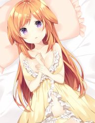 Rule 34 | 1girl, animal ears, babydoll, bare arms, bare shoulders, blush, breasts, cleavage, collarbone, dog ears, dog girl, floppy ears, frilled pillow, frills, hair ornament, hairclip, hands on own chest, highres, komomo (ptkrx), large breasts, long hair, looking at viewer, lying, navel, on back, orange hair, original, panties, parted lips, pillow, purple eyes, solo, stomach, underwear, yellow panties