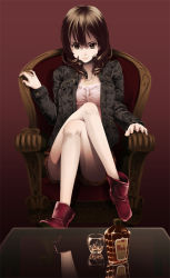 Rule 34 | 1girl, alcohol, boots, bottle, brown eyes, brown hair, chair, glass, ice, jacket, crossed legs, long hair, original, sitting, solo, table, tomiwo, whiskey
