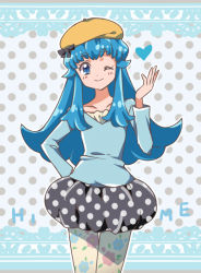 Rule 34 | 10s, 1girl, beret, blue eyes, blue hair, blue shirt, blush, bubble skirt, character name, english text, eyelashes, fashion, happinesscharge precure!, happy, hat, heart, kagami chihiro, long hair, looking at viewer, matching hair/eyes, one eye closed, pantyhose, polka dot, polka dot background, polka dot skirt, precure, shirayuki hime, shirt, skirt, smile, solo, standing, unmoving pattern, wink
