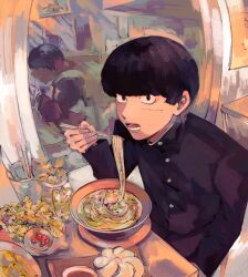 Rule 34 | 1boy, black eyes, black hair, bowl, chopsticks, commentary, english commentary, food, gakuran, highres, holding, holding chopsticks, kageyama shigeo, linkfan876, long sleeves, looking at viewer, male focus, mob psycho 100, noodles, open mouth, ramen, reflection, school uniform, short hair, sitting, solo, table