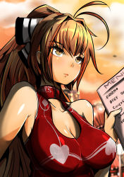 Rule 34 | 10s, 1girl, amagi brilliant park, antenna hair, bare shoulders, blurry, blurry background, bow, breasts, brown eyes, brown hair, cleavage, cleavage cutout, close-up, clothing cutout, dress, english text, evening, expressionless, ferris wheel, hair bow, hair intakes, high ponytail, highres, impossible clothes, impossible dress, large breasts, long hair, looking away, menu, no bra, norman maggot, outdoors, ponytail, red dress, sento isuzu, sleeveless, sleeveless dress, solo, upper body, white bow