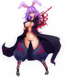 Rule 34 | 1girl, alternate costume, animal ears, aura, baggy pants, black cloak, black panties, breasts, rabbit ears, center opening, cloak, closed mouth, full body, gluteal fold, groin, large breasts, long hair, looking at viewer, lowleg, lowleg panties, navel, open cloak, panties, pants, purple hair, red eyes, red pants, reisen udongein inaba, revealing clothes, solo, sprout (33510539), stomach, touhou, underwear, white background