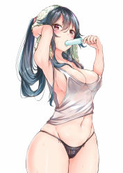 Rule 34 | 10s, 1girl, arm up, armpits, black panties, blush, breasts, cleavage, cowboy shot, food, hair between eyes, hand up, highres, holding, holding food, kantai collection, large breasts, long hair, looking at viewer, navel, panties, ponytail, popsicle, sidelocks, simple background, solo, tank top, thighs, towel, towel on head, tsurime, underwear, very long hair, wet, white background, yahagi (kancolle), yukishiro arte