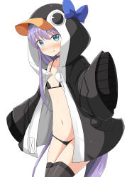 Rule 34 | 1girl, absurdres, aikawa ryou, bare shoulders, bikini, black bikini, black thighhighs, blue bow, blue choker, blue eyes, blush, bow, choker, closed mouth, collarbone, commentary request, fate/grand order, fate (series), flat chest, hair between eyes, highres, hood, long hair, long sleeves, looking at viewer, meltryllis, meltryllis (fate), meltryllis (swimsuit lancer) (fate), meltryllis (swimsuit lancer) (first ascension) (fate), purple hair, sleeves past fingers, sleeves past wrists, smile, solo, swimsuit, thighhighs, tongue, tongue out, very long hair, white background, wide sleeves