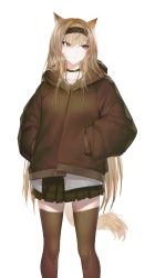 Rule 34 | 1girl, absurdres, animal ears, arknights, black choker, brown hair, brown hairband, brown jacket, brown skirt, brown thighhighs, choker, closed mouth, feet out of frame, hair between eyes, hairband, hands in pockets, highres, hood, hooded jacket, horn (arknights), jacket, jin grey paladin, long hair, looking away, miniskirt, non-web source, pleated skirt, simple background, skirt, solo, standing, tail, thighhighs, very long hair, white background, wolf ears, wolf tail