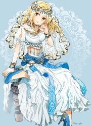 Rule 34 | 1girl, absurdres, anklet, arabian clothes, armlet, blonde hair, breasts, circlet, dancer, dress, earrings, gloves, high heels, highres, jewelry, long hair, medium breasts, navel, necklace, octopath traveler, octopath traveler i, ophilia (octopath traveler), rico ot, see-through, shawl, shoes, simple background, sitting, smile, solo, veil, yellow eyes