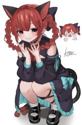 Rule 34 | 1girl, animal ears, artist name, black dress, black footwear, braid, cat ears, cat tail, dress, extra ears, fingernails, frilled dress, frills, hair ornament, highres, kaenbyou rin, long hair, long sleeves, multiple tails, multiple views, nail polish, pointy ears, red eyes, red hair, red nails, sakaki (utigi), shoes, signature, simple background, socks, tail, touhou, twin braids, two tails, white background, white socks, x hair ornament