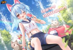 Rule 34 | 1girl, :d, absurdres, animal, animal ears, bag, blue hair, cat, commentary, copyright name, day, english commentary, fake animal ears, fang, food, fountain, happy birthday, highres, holding, holding food, igarashi haruna, logo, mahjong soul, medium hair, midriff, navel, official art, official wallpaper, one eye closed, open mouth, outdoors, popsicle, rainbow, red eyes, school uniform, serafuku, short shorts, shorts, smile, solo, suspenders, suyamori, sweatband, tree
