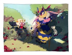 Rule 34 | 1boy, 1girl, 2018, antennae, arthropod girl, bee, bug, crown, flower, forest, grass, higa423, high collar, horns, insect, kirby: triple deluxe, kirby (series), monster girl, nature, nintendo, queen sectonia, red eyes, short hair, taranza, tree, wasp, white hair