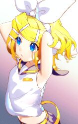 Rule 34 | 1girl, arms up, bare arms, bare shoulders, blonde hair, blue eyes, bow, breasts, from above, gradient background, hair ornament, hairclip, headband, headphones, headset, highres, kagamine rin, looking to the side, midriff, navel, out of frame, sailor collar, sawashi (ur-sawasi), short hair, short shorts, shorts, small breasts, solo, stretching, swept bangs, vocaloid, white bow, yellow nails
