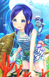 Rule 34 | 1girl, :d, aiuabo, animal, anklet, bag, blue eyes, blue hair, bubble, camera, clothed animal, commentary request, coral, hair tie, hat, highres, holding, holding bag, jewelry, looking at animal, medium hair, moray eel, necklace, no bangs, ocean, one-piece swimsuit, open mouth, original, sandals, shark, sidelocks, smile, solo, striped clothes, striped one-piece swimsuit, swimsuit, twintails, underwater, white hat