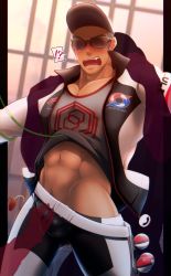 Rule 34 | !?, 1boy, abs, bara, baseball cap, belt, blush, bulge, clothes lift, clothes pull, creatures (company), crotch grab, crow (siranui), erection, erection under clothes, feet out of frame, game freak, hat, highres, invisible man, jacket, leggings, leggings pull, macro cosmos&#039;s (pokemon), male focus, male pubic hair, midriff peek, muscular, muscular male, navel, nintendo, open clothes, open jacket, pants, pants pull, pectoral cleavage, pectorals, poke ball, pokemon, pokemon swsh, pubic hair, restrained, shirt lift, short hair, sideburns, solo focus, stomach, sunglasses, thighs, unzipped, white belt