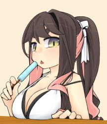 Rule 34 | 1girl, alternate costume, alternate hairstyle, bikini, black hair, breast rest, breasts, cleavage, colored inner hair, gradient eyes, highres, kantai collection, large breasts, long hair, macbail, multicolored eyes, multicolored hair, naganami (kancolle), naganami kai ni (kancolle), pink background, pink hair, ponytail, simple background, solo, swimsuit, thick eyebrows, tongue, tongue out, two-tone hair, upper body, wavy hair, white bikini, yellow eyes