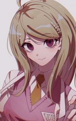 Rule 34 | 1girl, ahoge, akamatsu kaede, blonde hair, blush, breasts, closed mouth, collared shirt, danganronpa (series), danganronpa v3: killing harmony, fortissimo, hair ornament, hand up, highres, holding strap, long hair, looking at viewer, musical note, musical note hair ornament, necktie, nzeneee, pink eyes, pink vest, shirt, simple background, solo, sweater vest, upper body, vest, white shirt