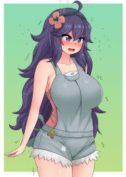 Rule 34 | 1girl, @ @, absurdres, ahoge, alternate breast size, blush, breasts, collarbone, cosplay, creatures (company), fang, flower, game freak, hair flower, hair ornament, hairband, hex maniac (pokemon), highres, large breasts, long hair, mallow (pokemon), mallow (pokemon) (cosplay), messy hair, nintendo, open mouth, overalls, pokemon, pokemon sm, pokemon xy, purple eyes, purple hair, shorts, simple background, skin fang, solo, standing, the only shoe